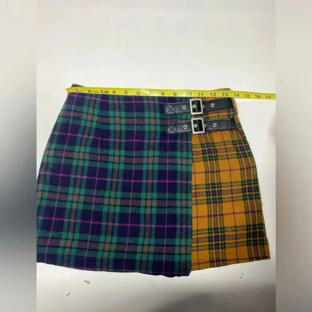 Cutest! Cotton pattern block mini Stitch & Pine faux wrap plaid skirt s fits xs - Picture 4 of 7
